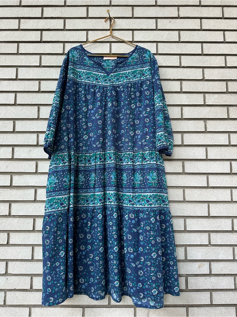 La Cera 3X Blue Floral Border Print Cotton Boho Tiered Midi Dress